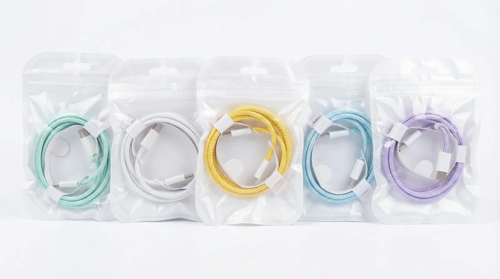 Five ChargeUp Co. braided USB-C cables in real retail packaging